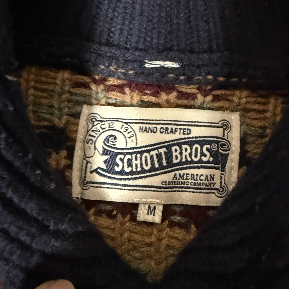 Schott Bros Mens M Wool Blend Shawl‎ Collar Southwestern Fair Isle Sweater Navy